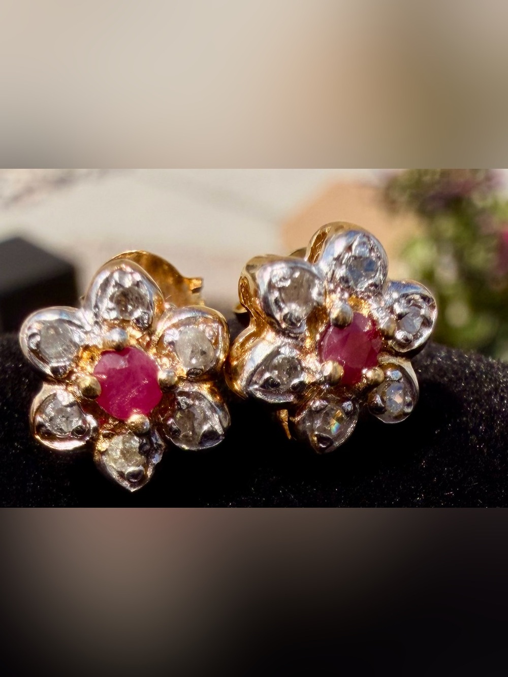 18K Yellow Gold Over Sterling Silver Ruby & Diamond Flower Stud Earrings|0.45CTW